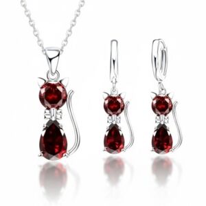 NWT Stamped S925 Red Australian Crystal Cat Earrings & Necklace Set!